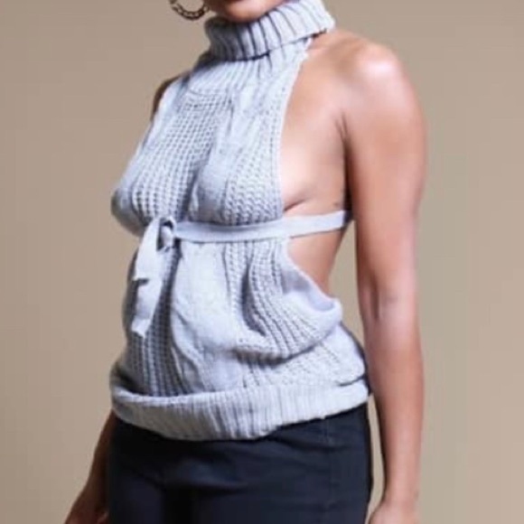 Halter sleeveless off shoulder knitted turtleneck sweater. Grey. Small. NWT - Picture 5 of 5